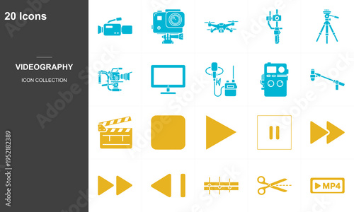 20 flat design videography and filming icons set with camera drone editing symbols on dark background