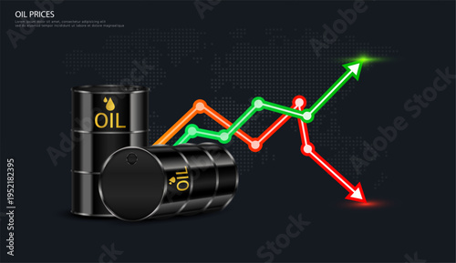 Black crude oil tank or Oil barrel on world map with stock market investment trading graph green and red. Oil prices from War Crisis. Vector EPS10.
