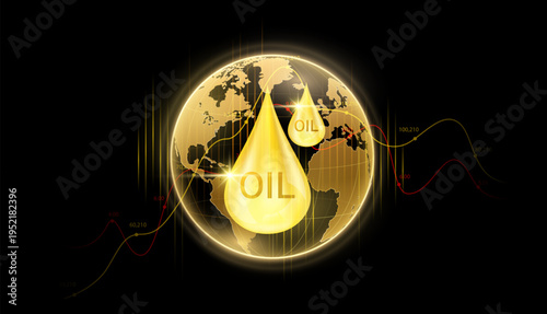 Oil drop in transparent world with stock market investment trading graph yellow and red. Oil prices from War Crisis. Vector EPS10.
