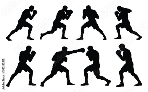 Boxer silhouettes in various fighting stances showcasing dynamic movements and combat sports actions on white background