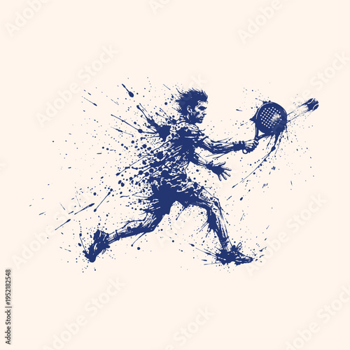 Dynamic Male Padel Racket Player in Ink Splash Sketch Style – Action Sports Illustration