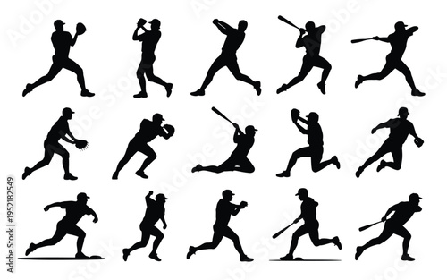 Baseball player silhouettes in various poses running throwing and hitting with bats on white background