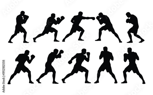 Black silhouettes of boxers in various fighting stances on white background showcasing combat sports and fitness concepts