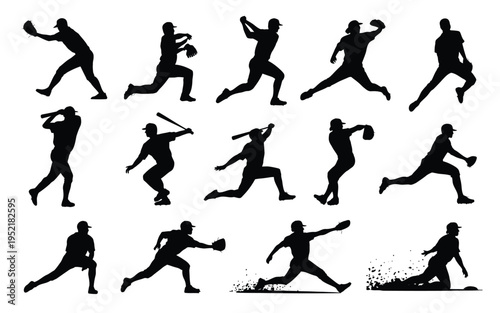 Baseball player silhouettes in various poses actions and movements sports graphics athletic stances