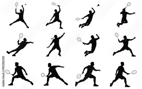 Collection of dynamic badminton player silhouettes in various poses with rackets and shuttlecocks on white background