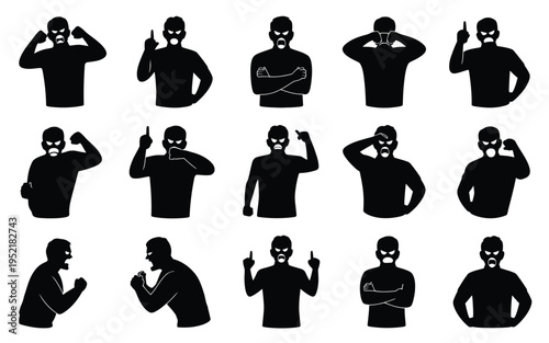 Collection of 15 black silhouette icons depicting various human gestures and expressions on white background
