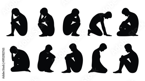Silhouettes of people expressing sadness depression and anxiety in various poses emotions and stress