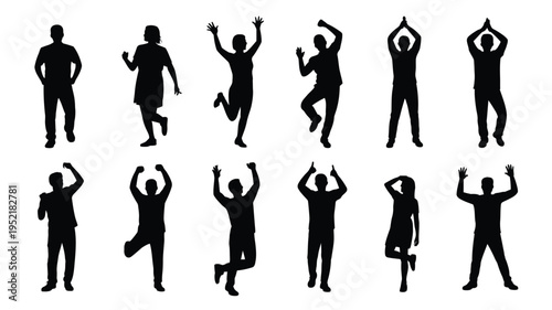 Collection of black silhouettes of people in various dynamic yoga poses and movements on white background