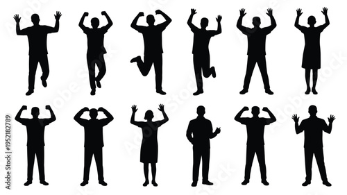 Collection of diverse people silhouettes in various celebratory poses and gestures on white background