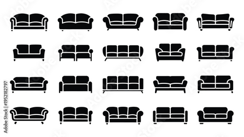 Collection of black and white sofa silhouettes in various styles and designs on plain background