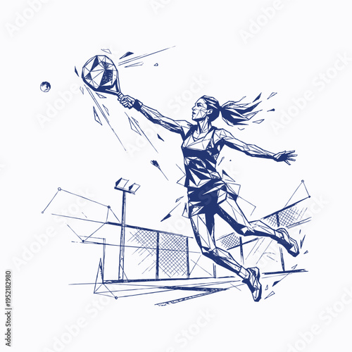 Female Padel Racket Player in Sketch Line Art Style – Dynamic Sports Illustration