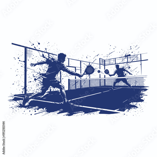 Dynamic Male Padel Racket Player in Ink Splash Sketch Style – Action Sports Illustration