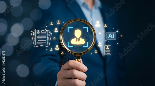 A businessman in a blue suit uses a magnifying glass to examine a glowing yellow icon of a person surrounded by AI and recruitment symbols