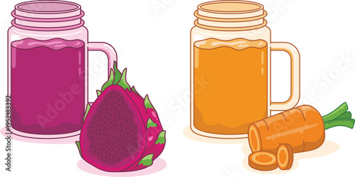 glass bottle with juice carrot and dragon fruit