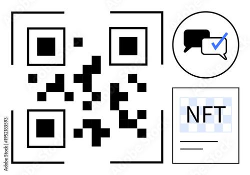 QR code, NFT certificate, and verified chat bubble emphasize digital technology, security, and authentication. Ideal for blockchain, e-commerce, communication, user verification tech crypto