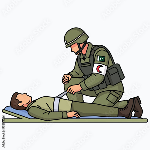 Pakistani military medic providing first aid to injured soldier on stretcher in field training exercise vector illustration