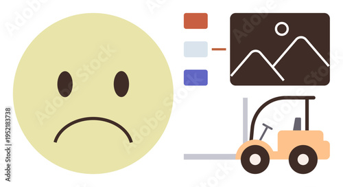 Workflow issues, logistics problems, business efficiency, supply chain management, visual communication, workplace emotions. Sad face emotion with forklift and chart visual. Workflow and logistics