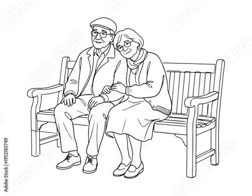 drawing of two old couple sitting on a bench