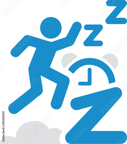 Blue silhouette of a person running with large 'Z's floating and an alarm clock, symbolizing sleep and time management