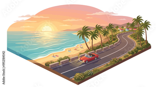 Scenic coastal road with a convertible car driving along the beach at sunset with palm trees and ocean waves