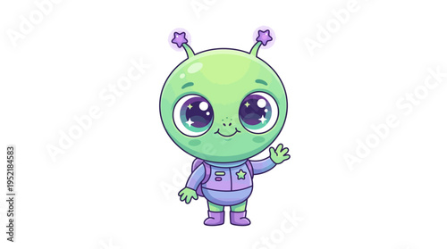 Cute little green alien character with big eyes and antennas, waving hello and wearing a backpack