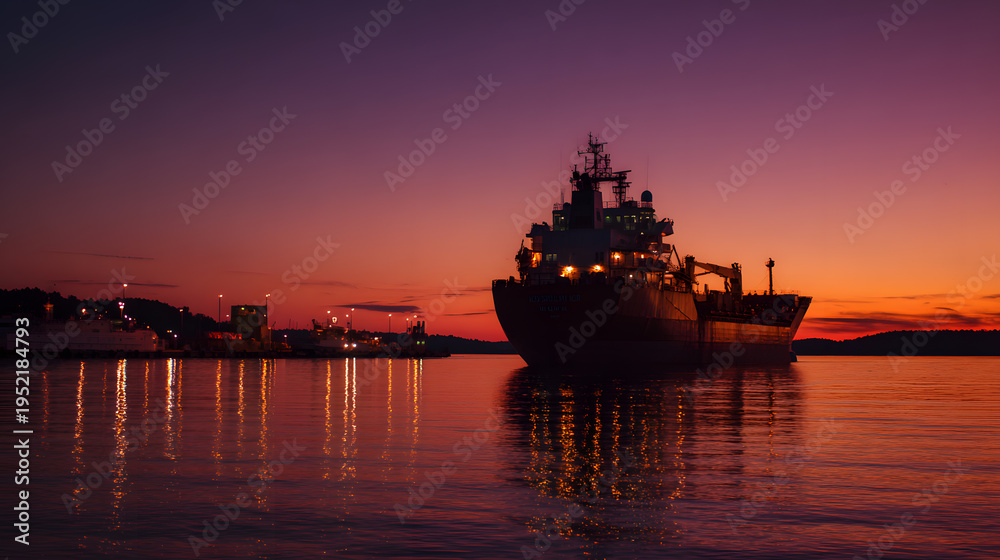 Fototapeta premium Cargo ship sailing at sunset with vibrant sky reflection