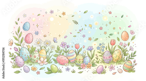 Delightful Easter Egg Hunt Amidst a Spring Meadow Filled with Flowers and Butterflies
