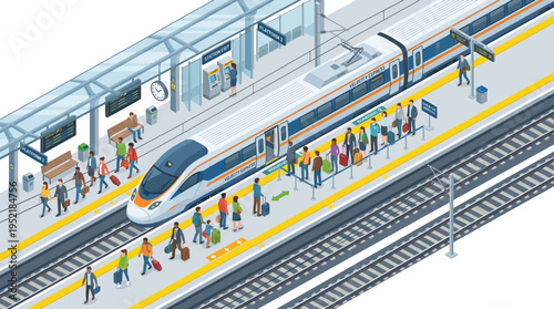 Modern high-speed train arriving at a busy station platform filled with diverse passengers during the day