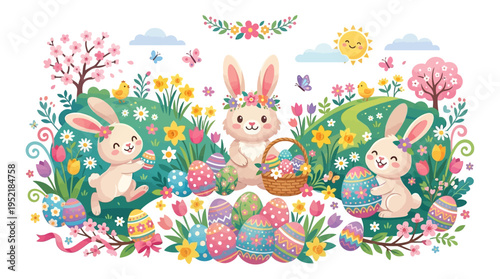Charming Easter scene with playful bunnies, decorated eggs, and vibrant spring flowers under a sunny sky