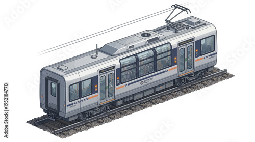 Modern urban tram, public transportation, streetcar, light rail vehicle, isometric illustration
