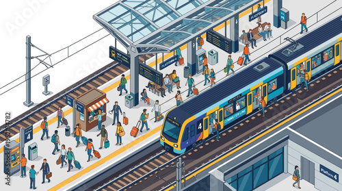 Isometric vector illustration of a busy commuter train station with passengers boarding and alighting from the train