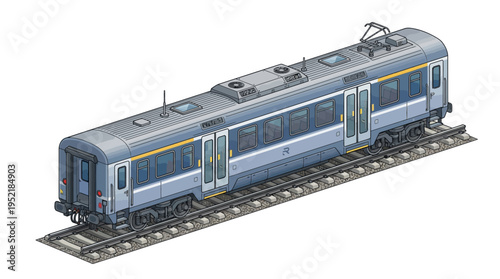 A sleek, modern electric train traveling on rails, captured in a professional vector illustration style