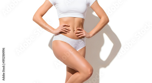 woman in white underwear touching her abdomen on white background