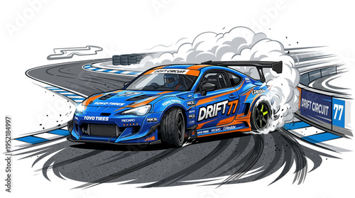 High-performance sports car executing a drift maneuver on a race track, emitting smoke