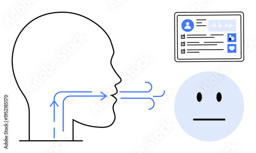 Health monitoring, air flow, digital healthcare, medical data, wellness apps, diagnostics. Diagram of human respiration with airflow arrows, healthcare screen interface and neutral face. Health