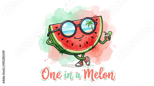 Funny 'One in a Melon' pun with a cool cartoon watermelon character wearing sunglasses and enjoying a summer drink. A cute watercolor illustration for t-shirts and summer designs.