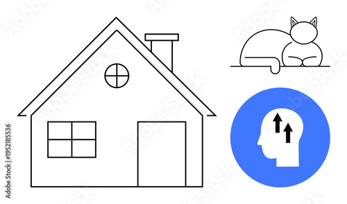 Growth concept. Abstract ation of growth with human head and arrows, home atmosphere, and calm feline. Growth in personal development, wellbeing, mental focus, comfort, and mindfulness