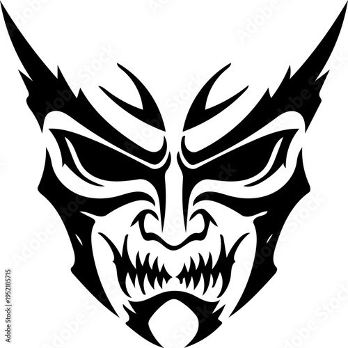 Powerful and intimidating graphic illustration of a stylized demonic or monster mask with sharp fangs and angry eyes, ideal for edgy design projects and symbolic artwork