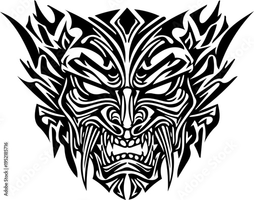 Striking Abstract Tribal Mask Illustration with Fierce Expression and Ornate Tribal Design, Evoking Ancient Power and Mythological Spirit