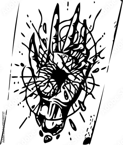 Abstract black and white illustration of a shattered or exploding eyeball, conveying a sense of shock or intensity