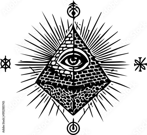 Symbolic Eye of Providence within a pyramid, radiating light rays and flanked by other mystical symbols