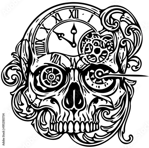 Detailed skull illustration intricately intertwined with clockwork gears and Roman numeral timepieces, embodying themes of mortality, vintage craftsmanship, and the passage of moments