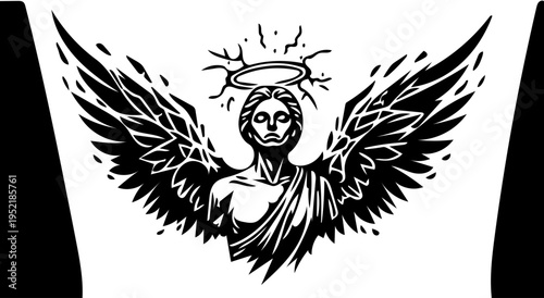 Striking black and white illustration of an angelic figure with radiant wings and a halo