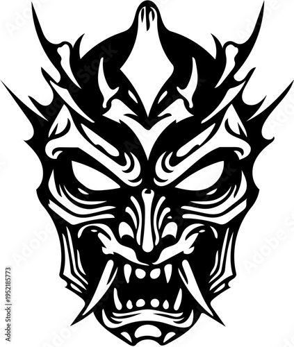 Stylized Black and White Demon Mask Graphic - Intricate Vector Illustration of a Fierce Oni Head for Cultural and Tattoo Designs
