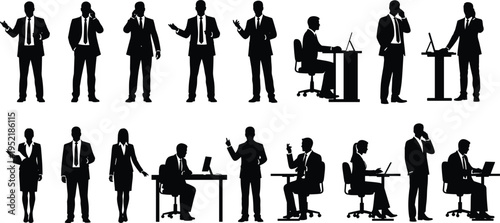Business People Silhouettes Vector Set Featuring Professionals Working At Desks Using Laptops Talking On Phones And Standing In Office Suits