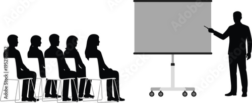 Business presentation silhouette with male speaker pointing at projector screen in front of seated audience for corporate training and seminar