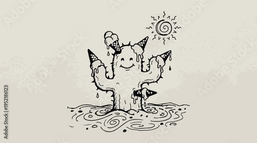 Delightful hand-drawn doodle of a smiling, anthropomorphic cactus character with melting ice cream cones on its arms, standing in swirling water under a bright, whimsical sun, evoking a surreal summer