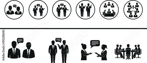 Business Professional Communication Icons Set with People Talking Meeting in Boardroom Collaboration and Corporate Networking Silhouette Flat Vector Illustration Design