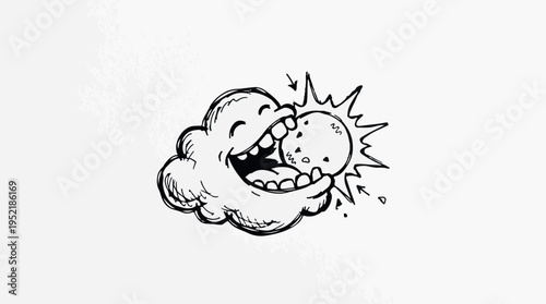 Quirky hand-drawn doodle illustration depicting a joyful, anthropomorphic cloud character with a wide grin, happily devouring a smiling sun, capturing a whimsical and imaginative weather concept.