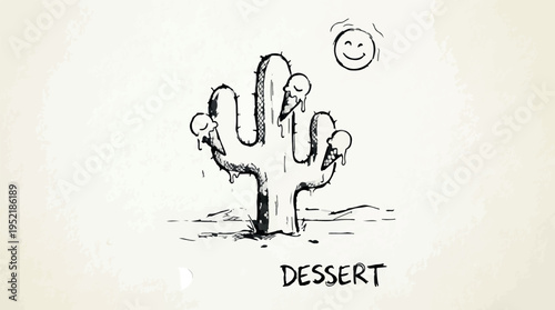 Charming hand-drawn doodle of a saguaro-like cactus adorned with melting ice cream scoops, accompanied by a smiling sun and the word "DESSERT," creating a whimsical illustration